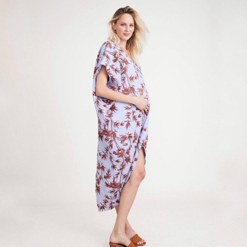 Hatch The Riviera Dress Linen Blue One Size Maternity Heron Print Tropical